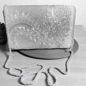 Vintage Ivory Beaded Evening Bag‎ Y2K Prom Formal Clutch Purse Bridal Handbag